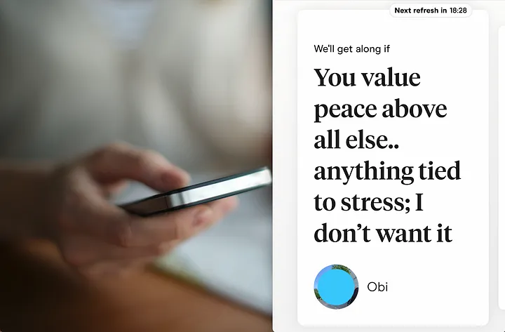 Dating profile text that says: You value peace above all else... anything tied to stress; I don't want it.'